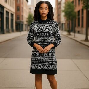 Loft | Fair Isle Turtleneck Sweater Dress Black/White Small